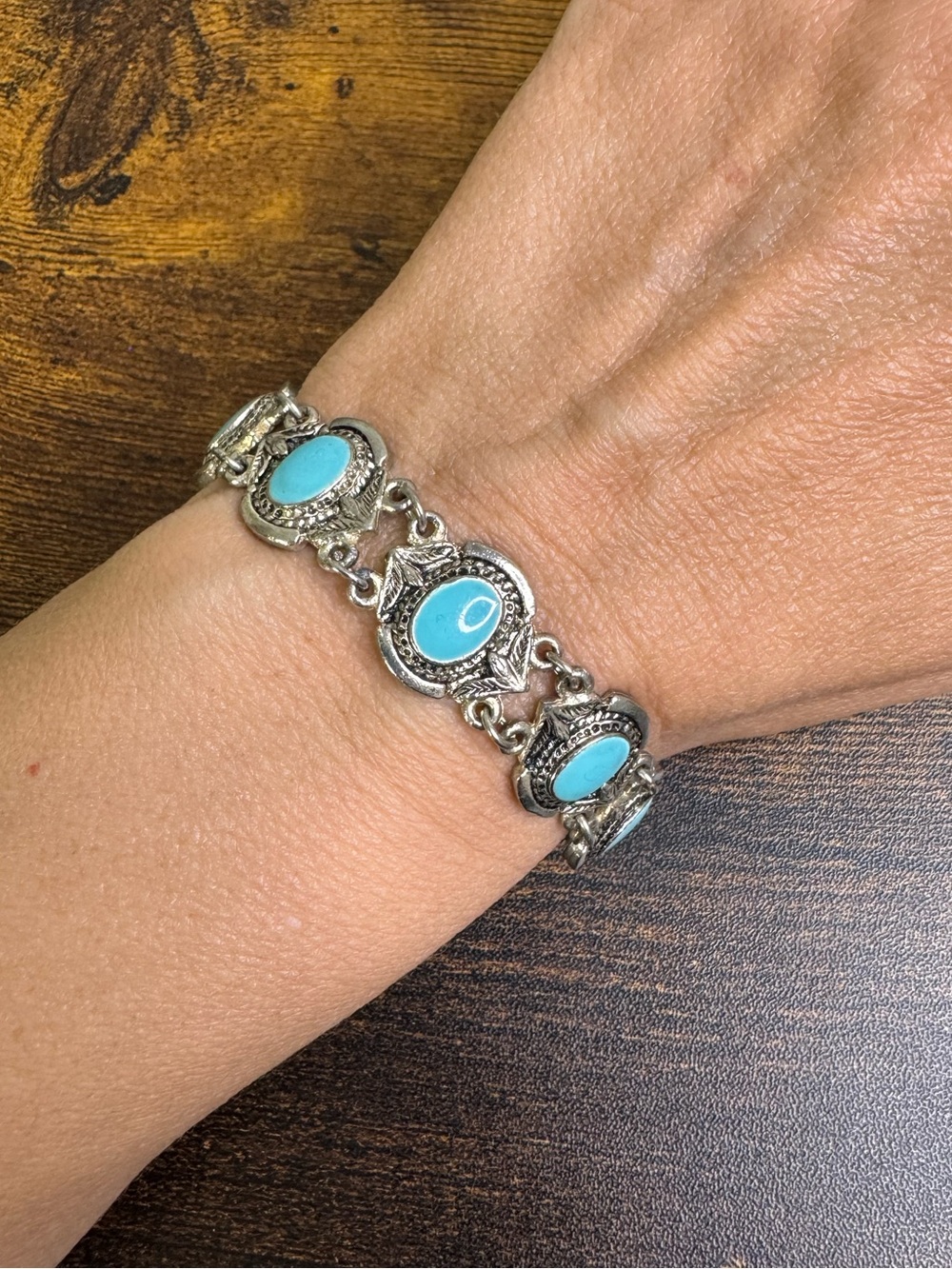 Vintage Silver Bracelet with Turquoise Blue Enamel - Bohemian Jewelry